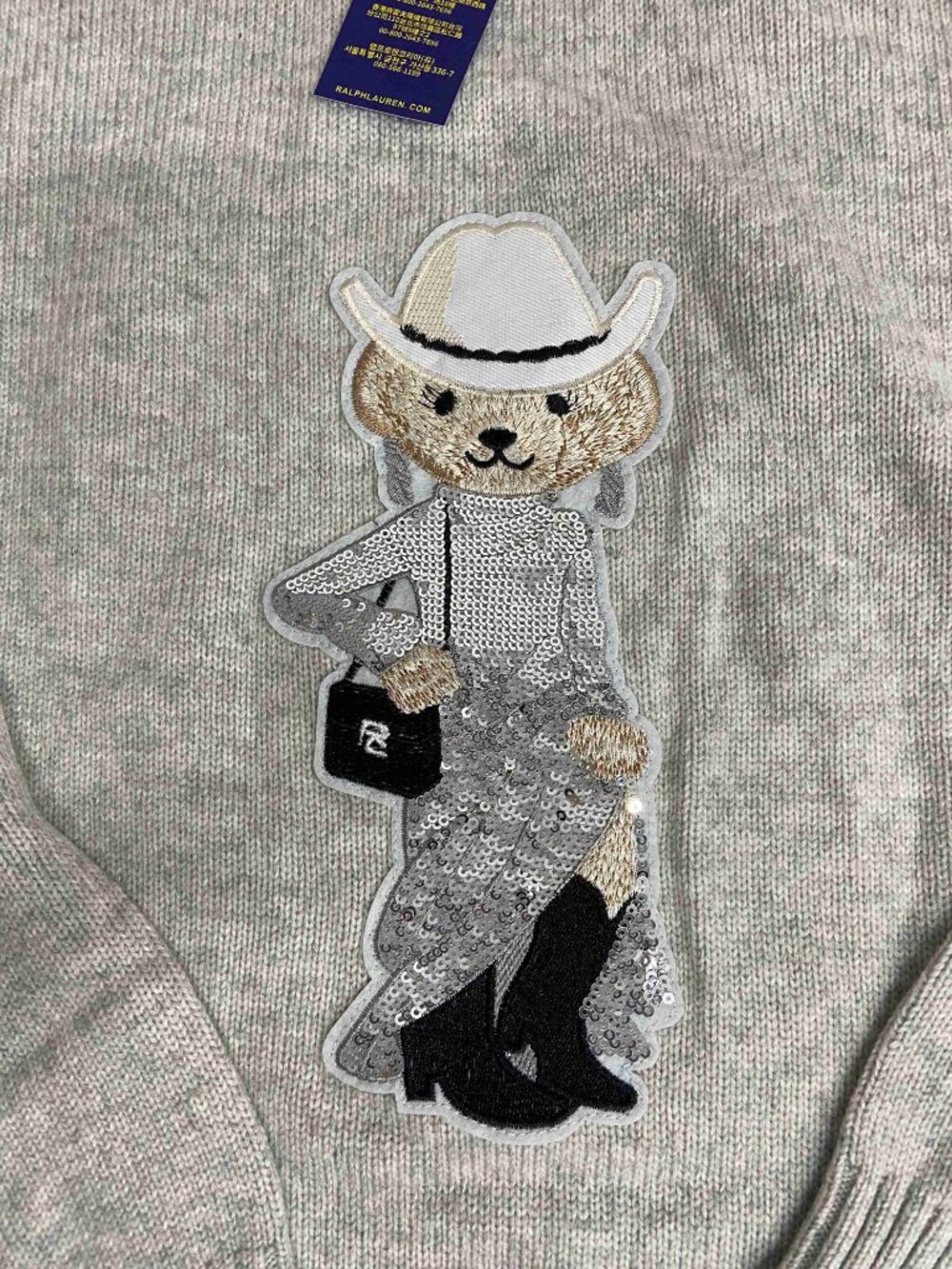 Polo Ralph Lauren Cowgirl Bear Patch Grey Crewneck Wool Blend Sweater - Picture 4 of 7